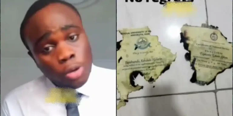 Graduate burns NYSC, degree certificates over horrible 9-5 job offer