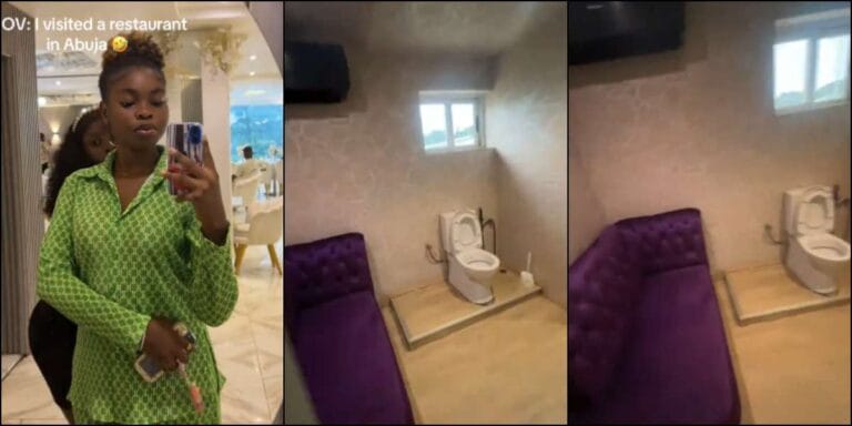 Confused lady finds a sofa placed in the toilet of an Abuja restaurant.